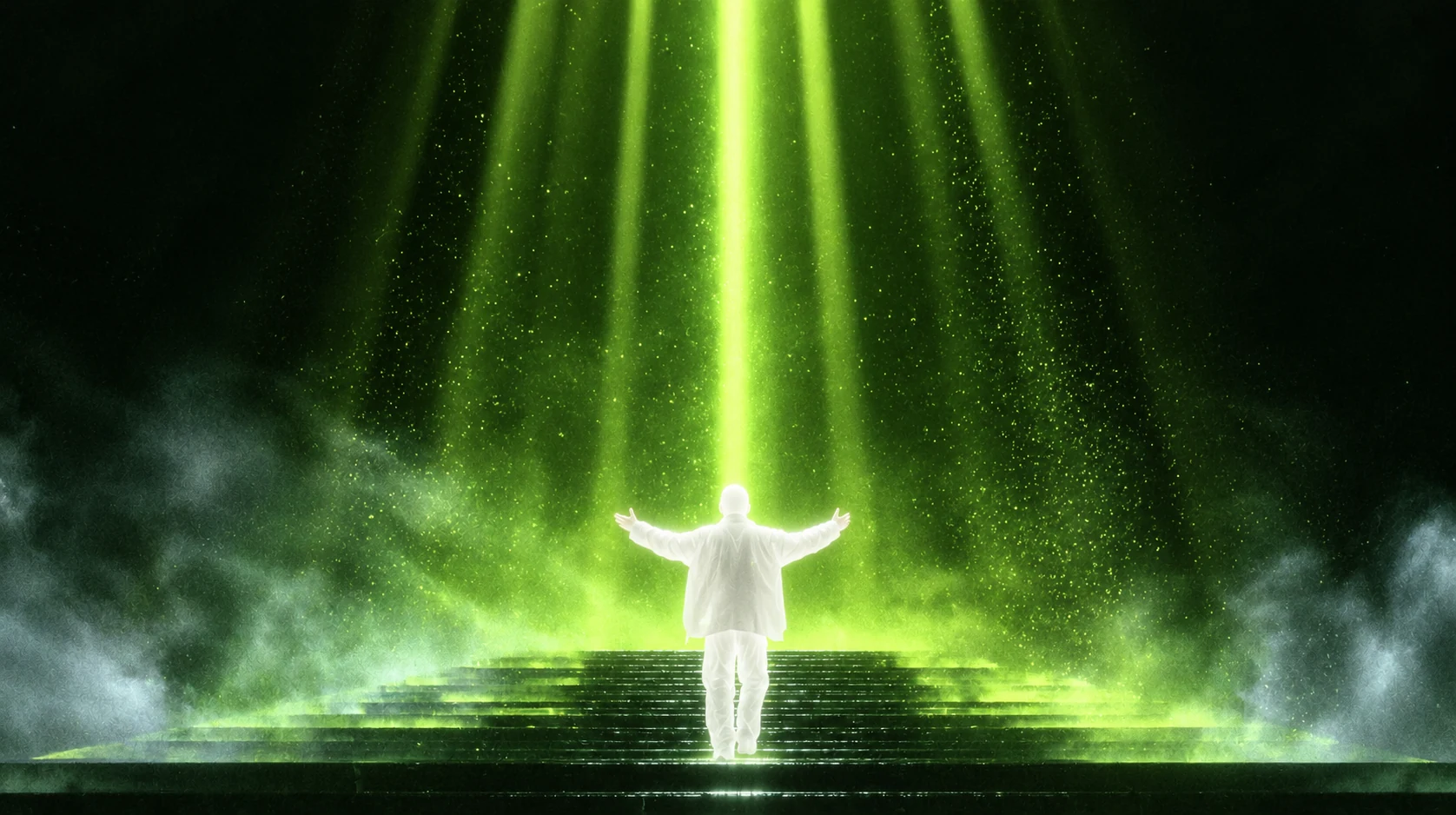 Figure ascending a staircase into a column of light